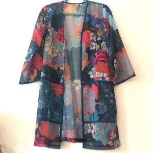 Soft Surroundings Floral Blue Teal Mesh Kimono Cardigan XS